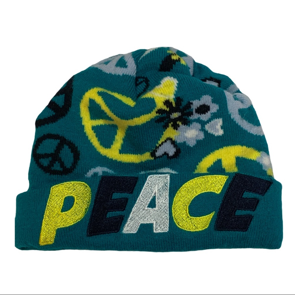 Toddler boho PEACE Beanie cap winter hat from Bioworks 14M green yellow